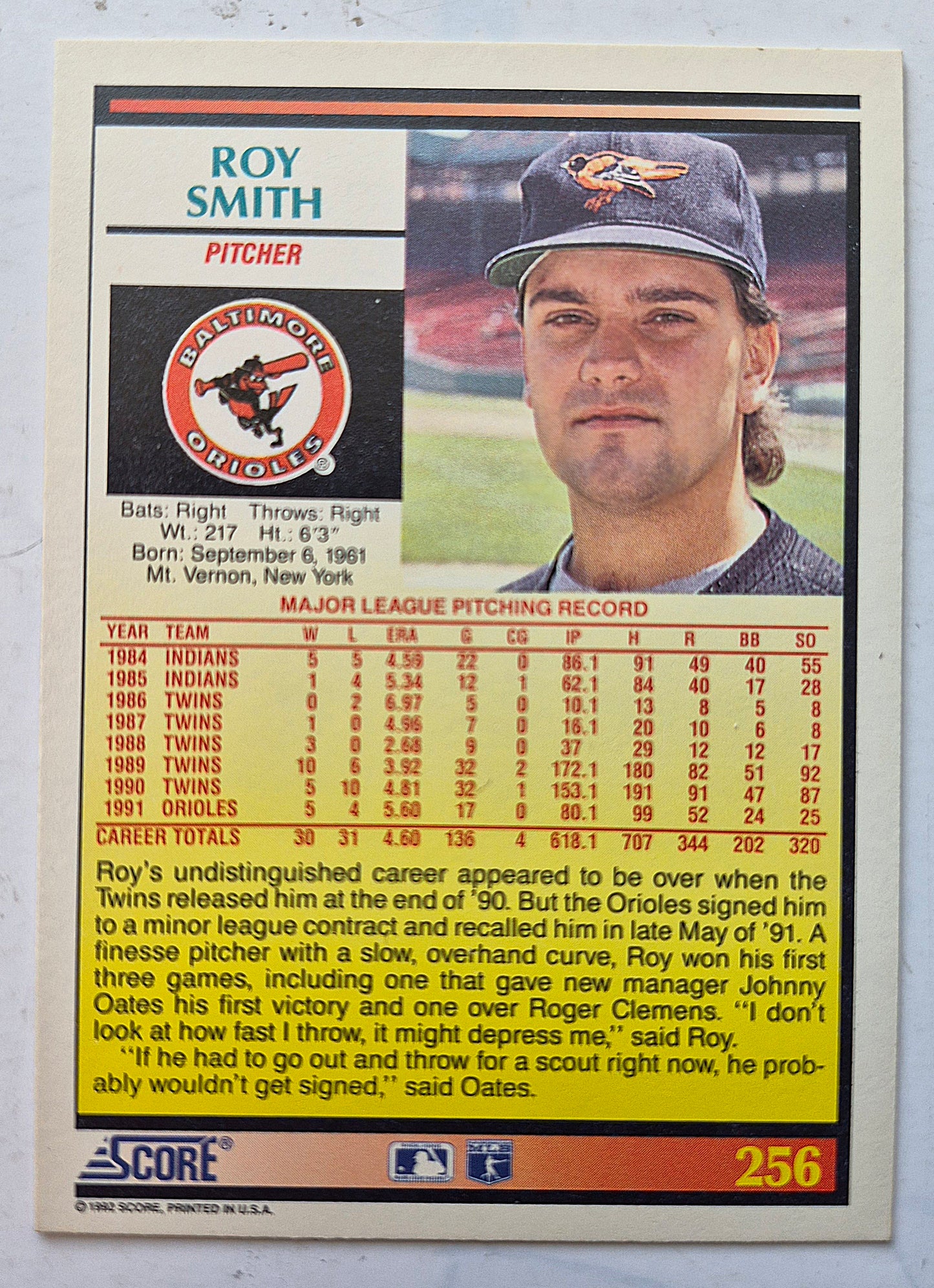 Smith Roy Baltimore Orioles Pitcher #256 Score '92 Baseball Card