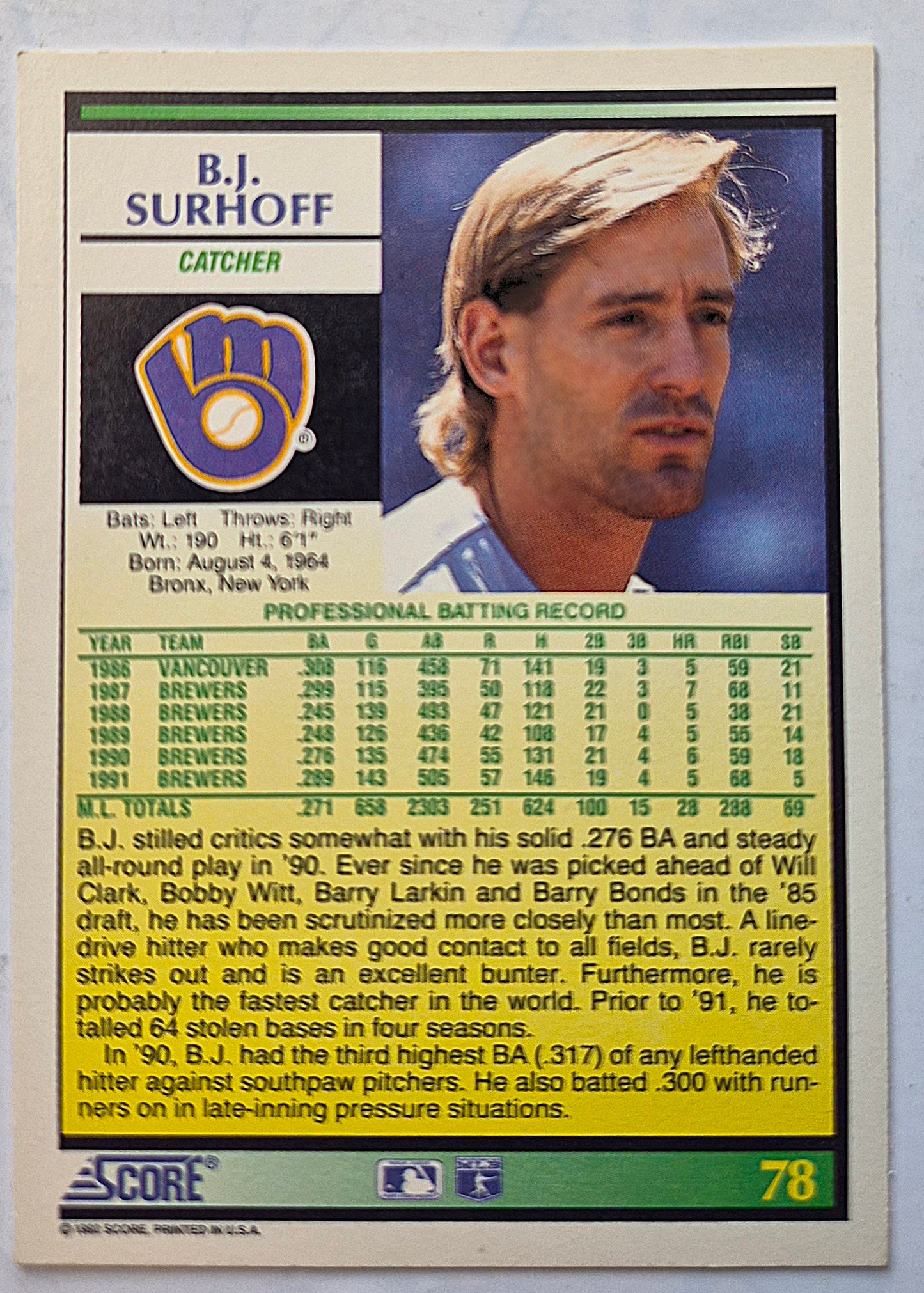 Surhoff B.J. Milwaukee Brewers Catcher #78 Score '92 Baseball Card