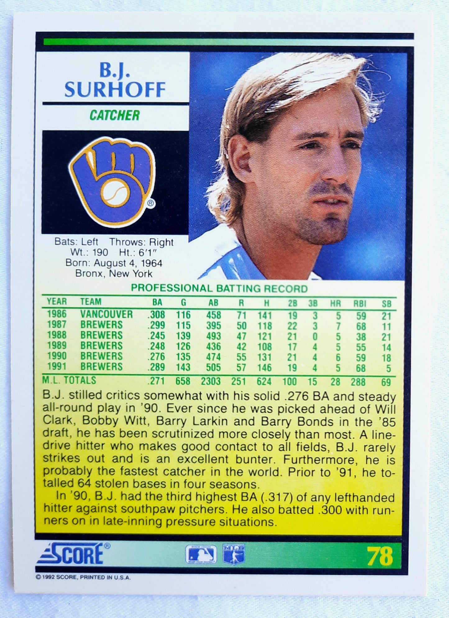 Score '92 B.J. Surhoff Milwaukee Brewers Catcher #78 Baseball Card Near Mint