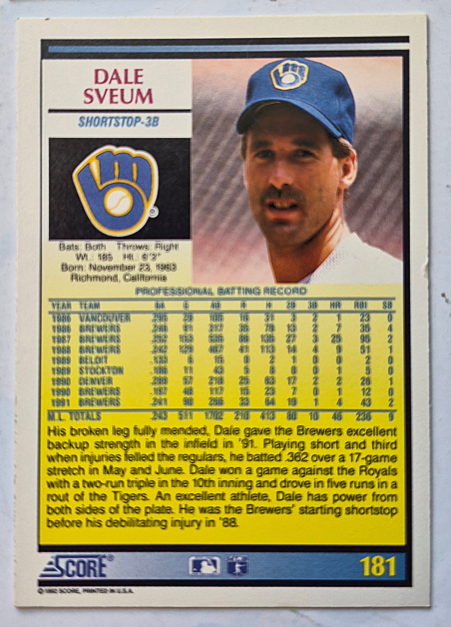 Sveum Dale Milwaukee Brewers Shortstop-3B #181 Score '92 Baseball Card