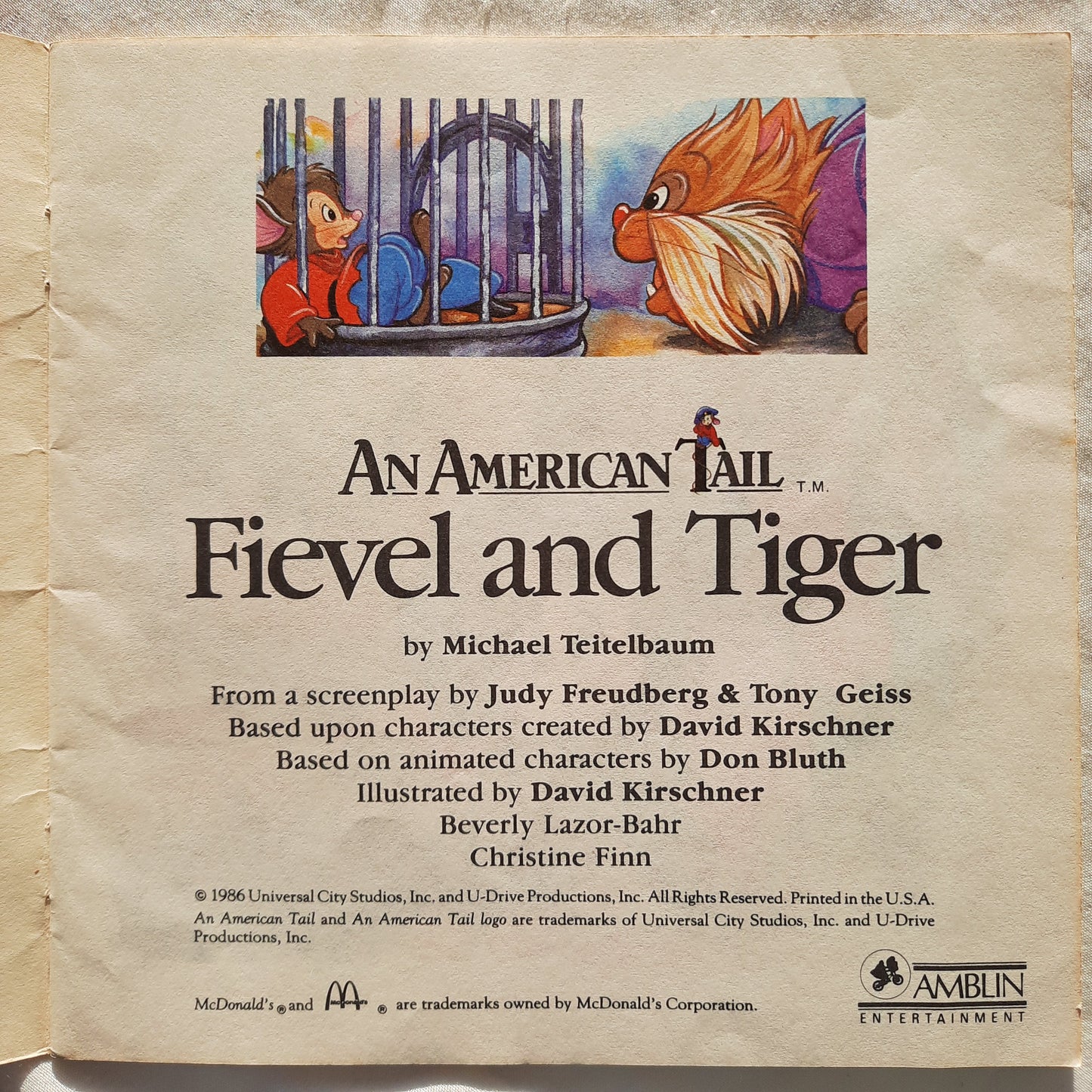 An American Tail: Fievel and Tiger by Michael Teitelbaum (McDonald's, Good, 1986, Pbk, 24 pages, Universal City Studios)