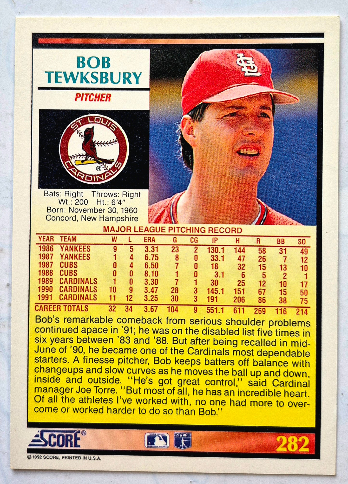 Bewertung '92 Bob Tewksbury Pitcher Saint Louis Cardinals #282 Baseballkarte Near Mint