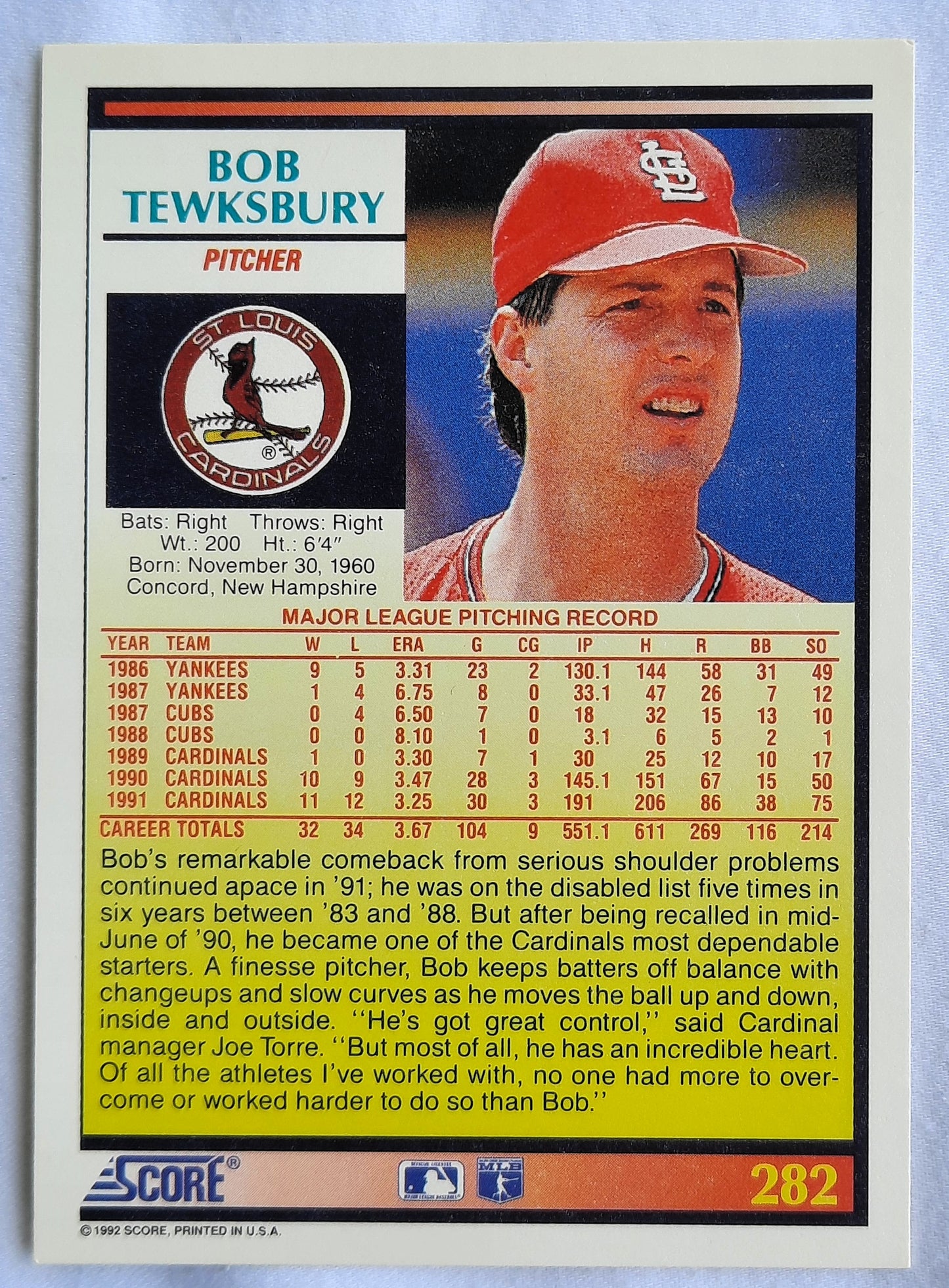 Score '92 Bob Tewksbury Pitcher Saint Louis Cardinals #282 Baseball Card Near Mint