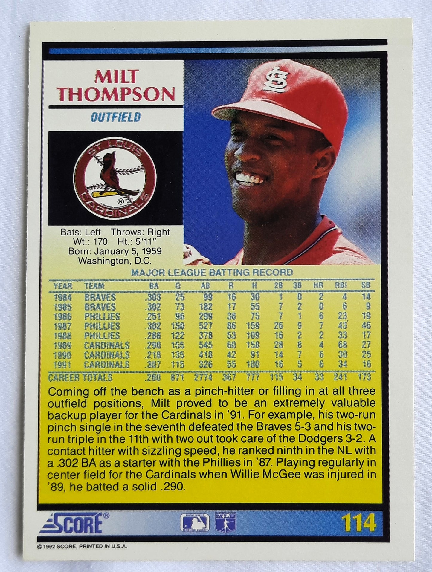 Score '92 Milt Thompson St. Louis Cardinals Outfield #114 Baseball Card Near Mint