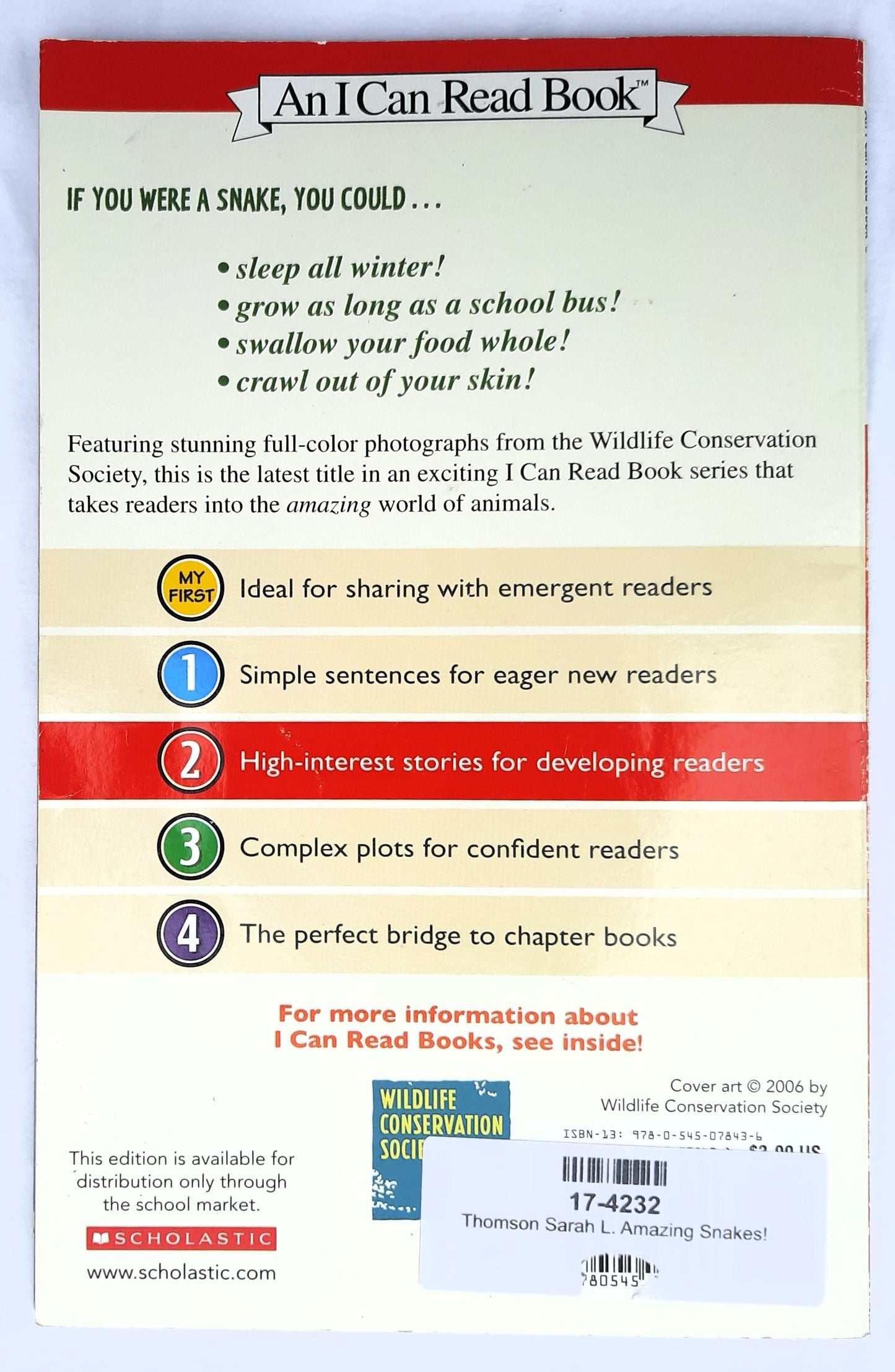 Wildlife Conservation Society: Amazing Snakes! by Sarah L. Thomson (Very good, 2007, Pbk, 32 pages, HarperCollins)