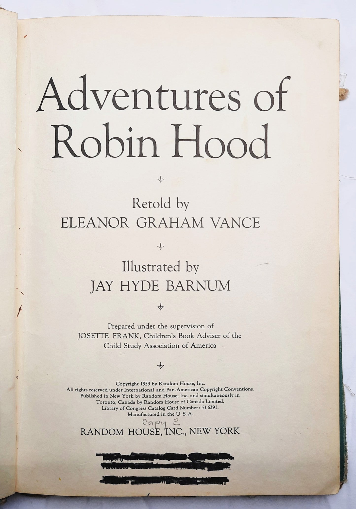 Adventures of Robin Hood by Eleanor Graham Vance; Jay Hyde Barnum; Howard Pyle (Acceptable, 1953, HC, Random House)