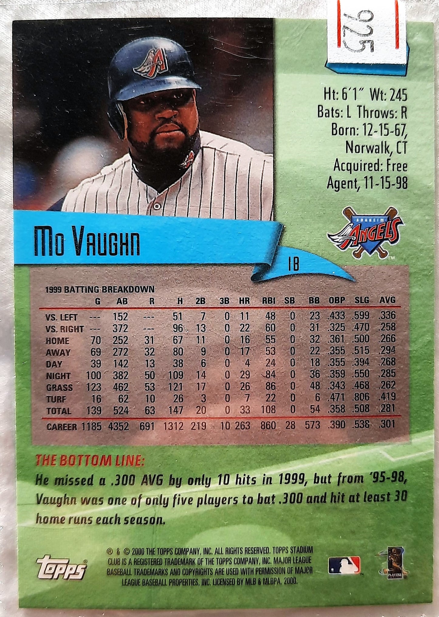 TOPPS 2000 Stadium Club Mo Vaughn Los Angeles Angels #42 Baseball Card TOPPS