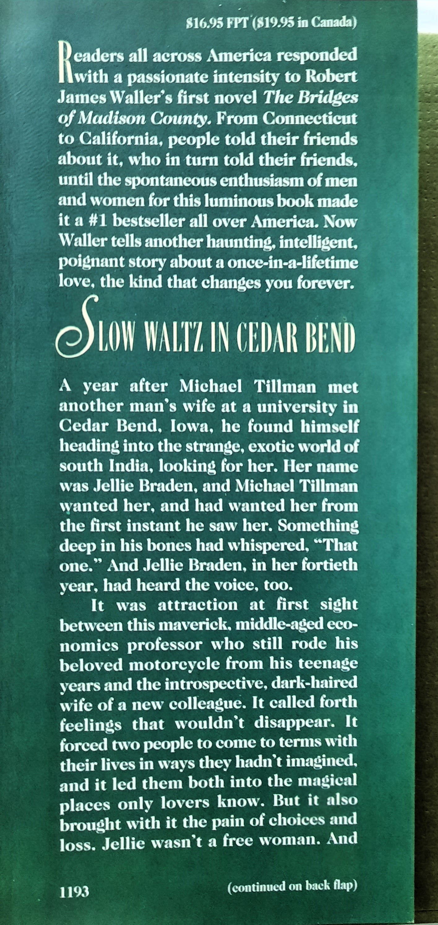 Slow Waltz in Cedar Bend by Robert James Waller (Very good, 1993, HC, 197 pages, Warner Books)