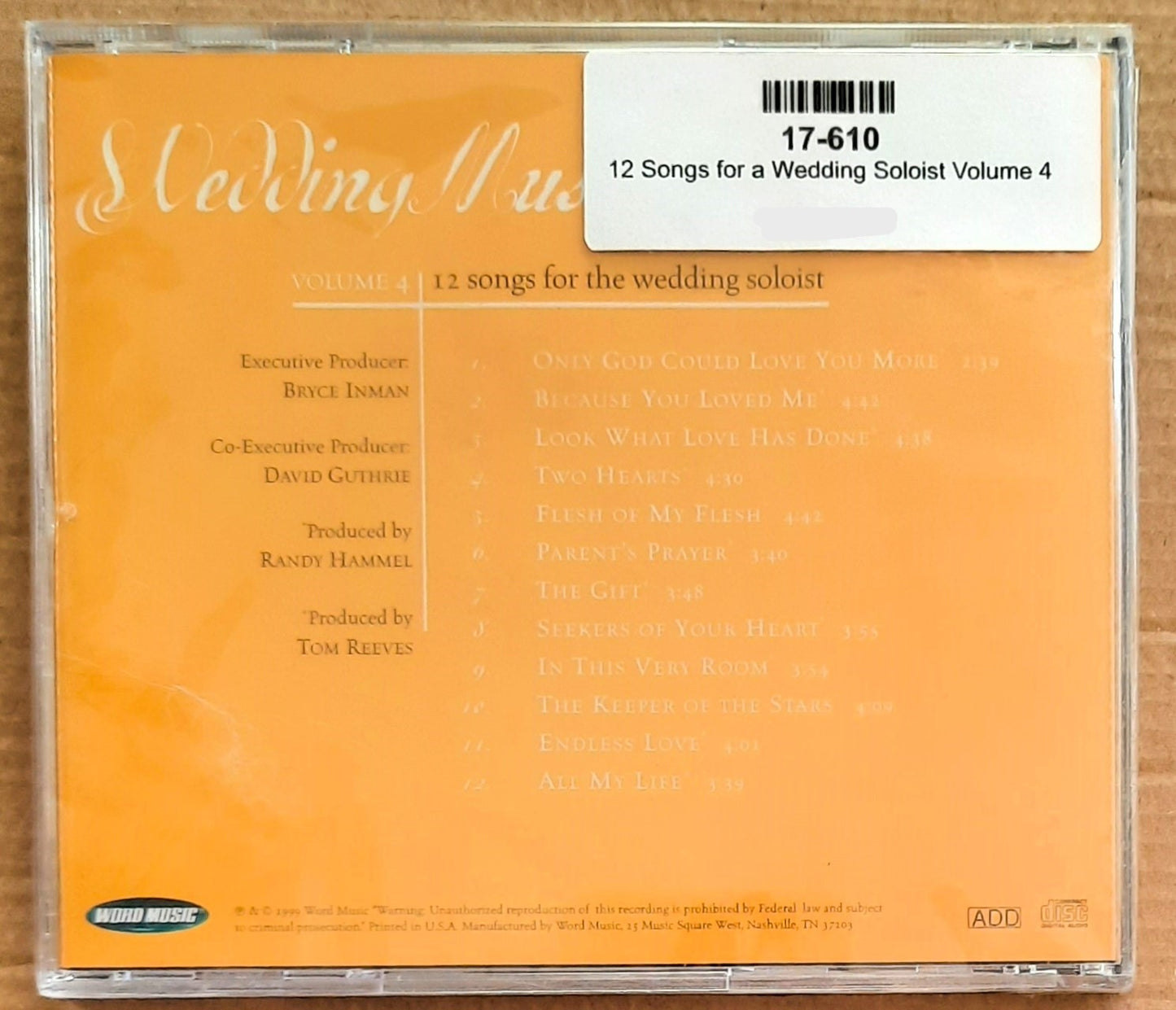 12 Songs for a Wedding Soloist Volume 4 Music Audio CD (New, 2006, Word Music)