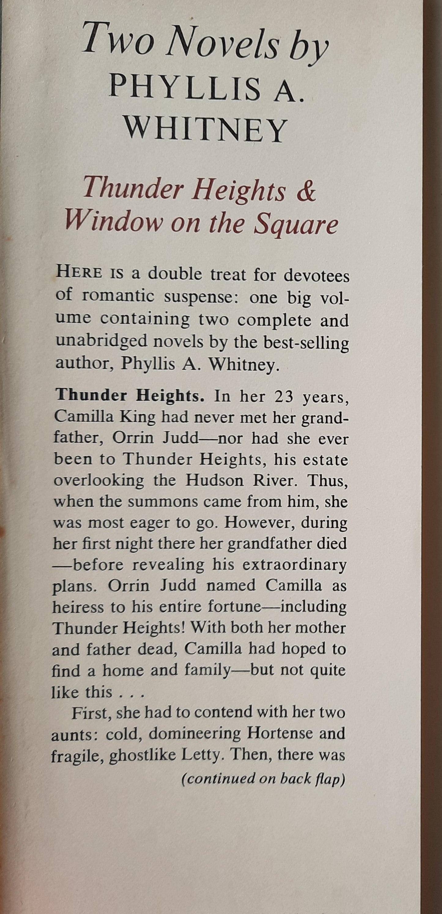 Thunder Heights / Window on the Square by Phyllis A. Whitney (Very good, 1960, HC, 505 pages, Meredith Press)