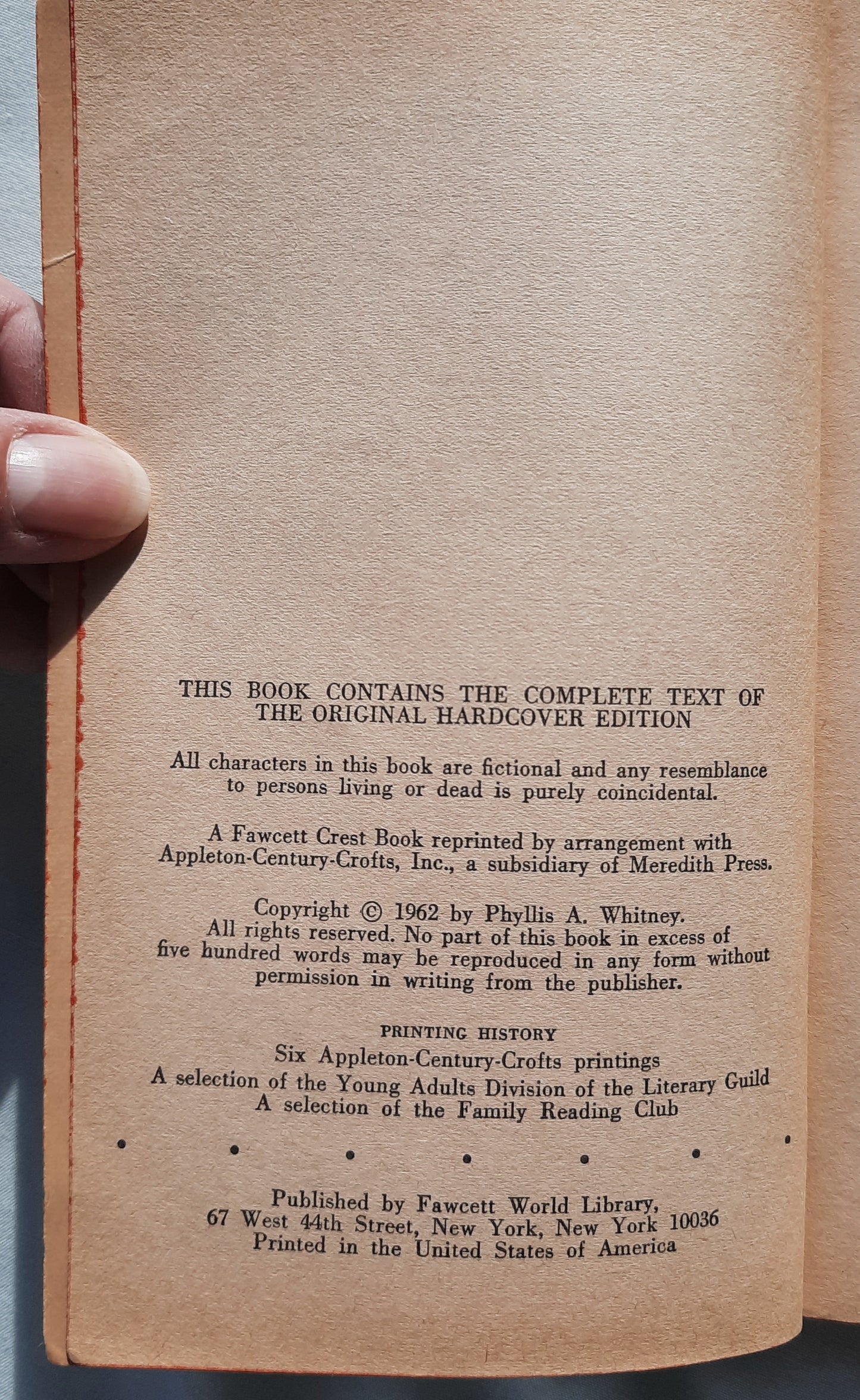 Window on the Square by Phyllis A. Whitney (Very good, 1962, Pbk, 252 pages, Fawcett Crest)