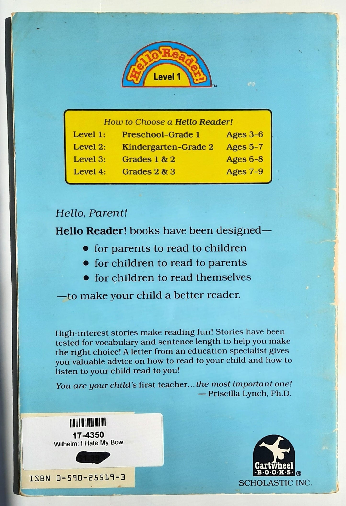 I Hate My Bow! by Hans Wilhelm (Hello Reader! Level 1, Good, 1995, Pbk, 32 pages, Scholastic)