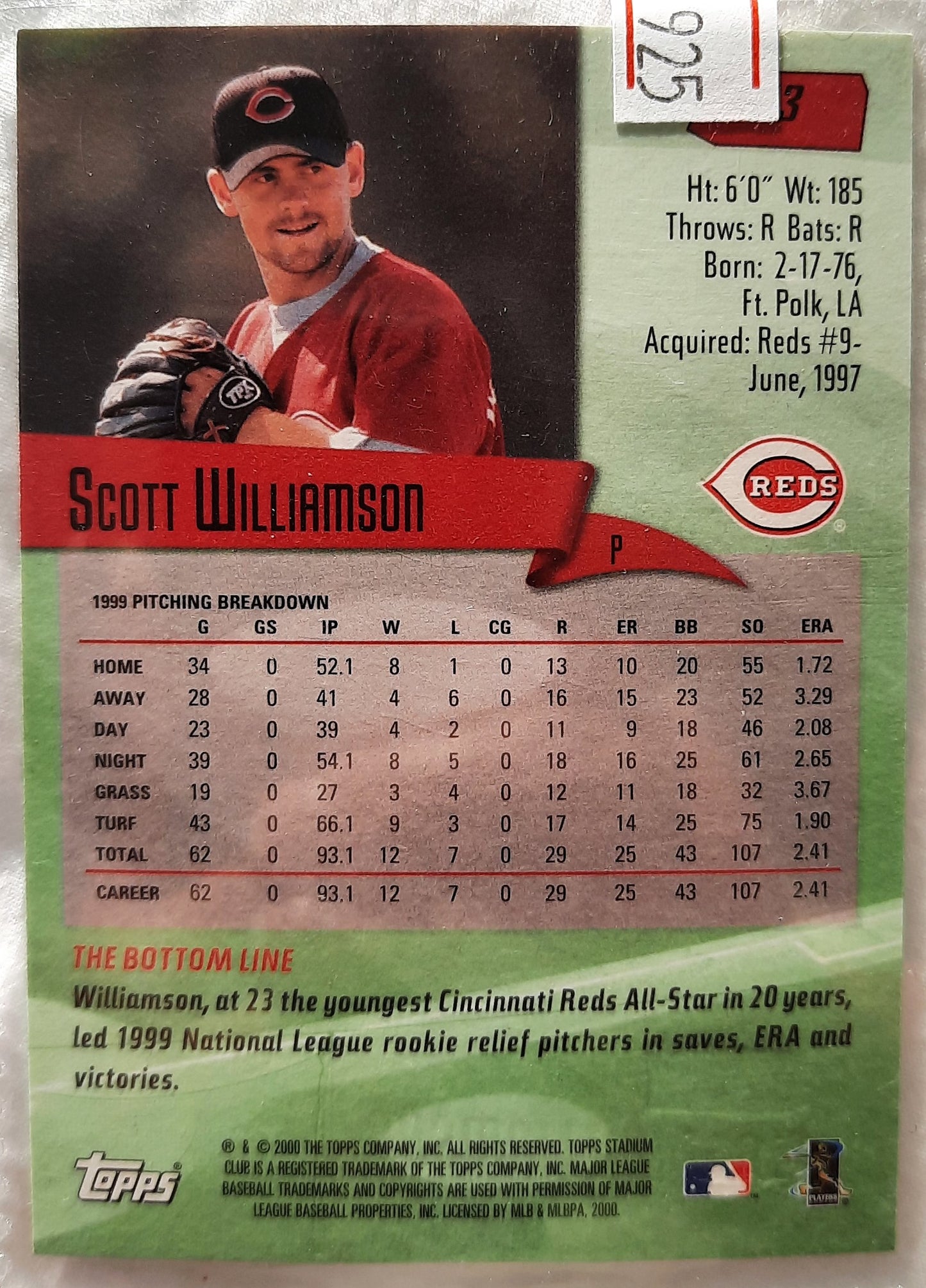 TOPPS 2000 Stadium Club Scott Williamson Cincinnati Reds #113 Baseball Card