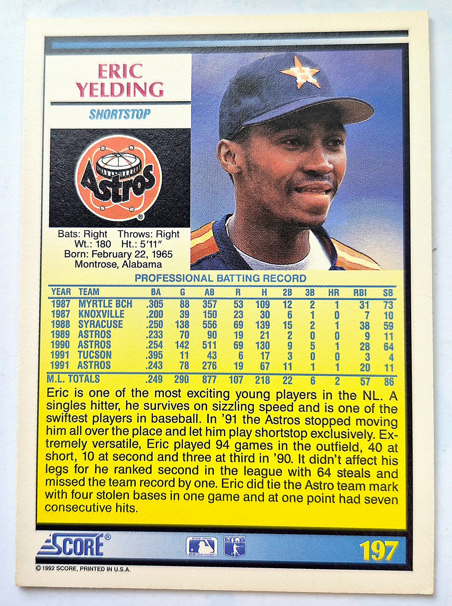 Yelding Eric Houston Astros Campocorto #197 Score '92 Tarjeta de Béisbol