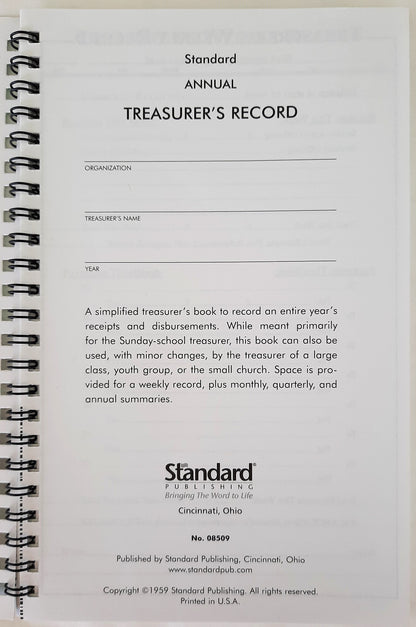 Standard Annual Treasurer's Record (New, Spiral Pbk, 64 pages, Standard Publishing)