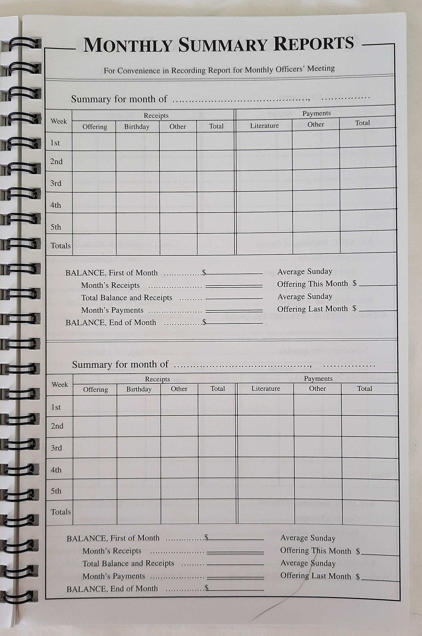 Standard Annual Treasurer's Record (New, Spiral Pbk, 64 pages, Standard Publishing)