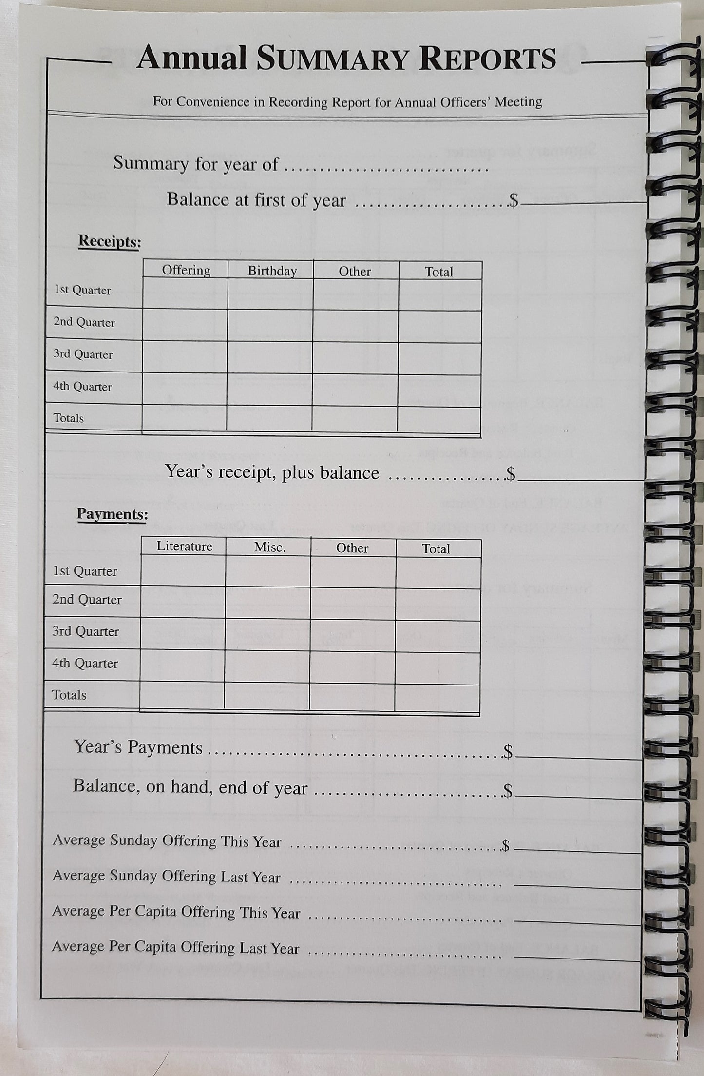 Standard Annual Treasurer's Record (New, Spiral Pbk, 64 pages, Standard Publishing)