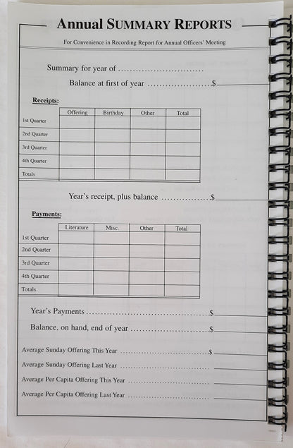 Standard Annual Treasurer's Record (New, Spiral Pbk, 64 pages, Standard Publishing)