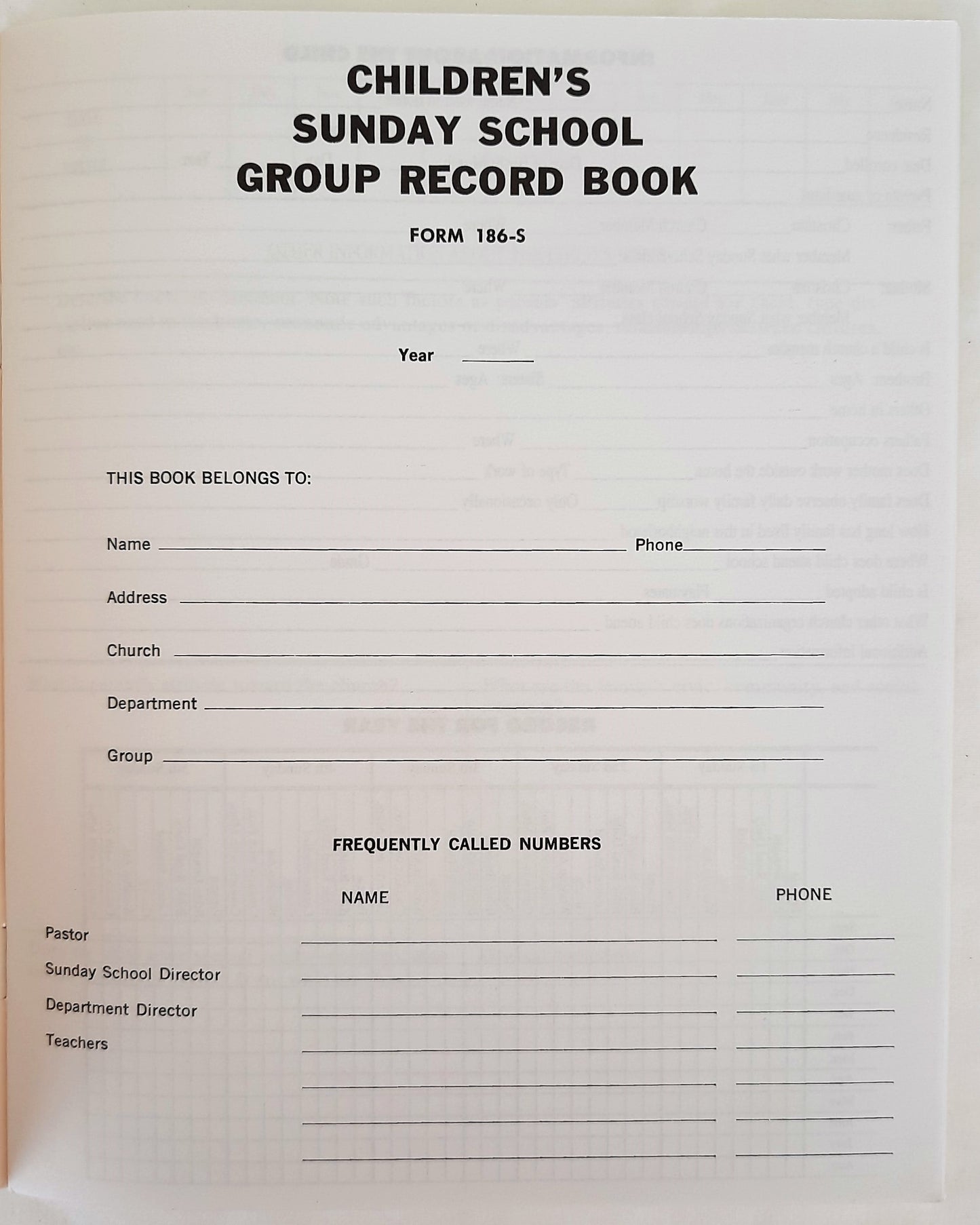 Children's Sunday School Group Record Book Form 186-S for churches NEW B&H Press