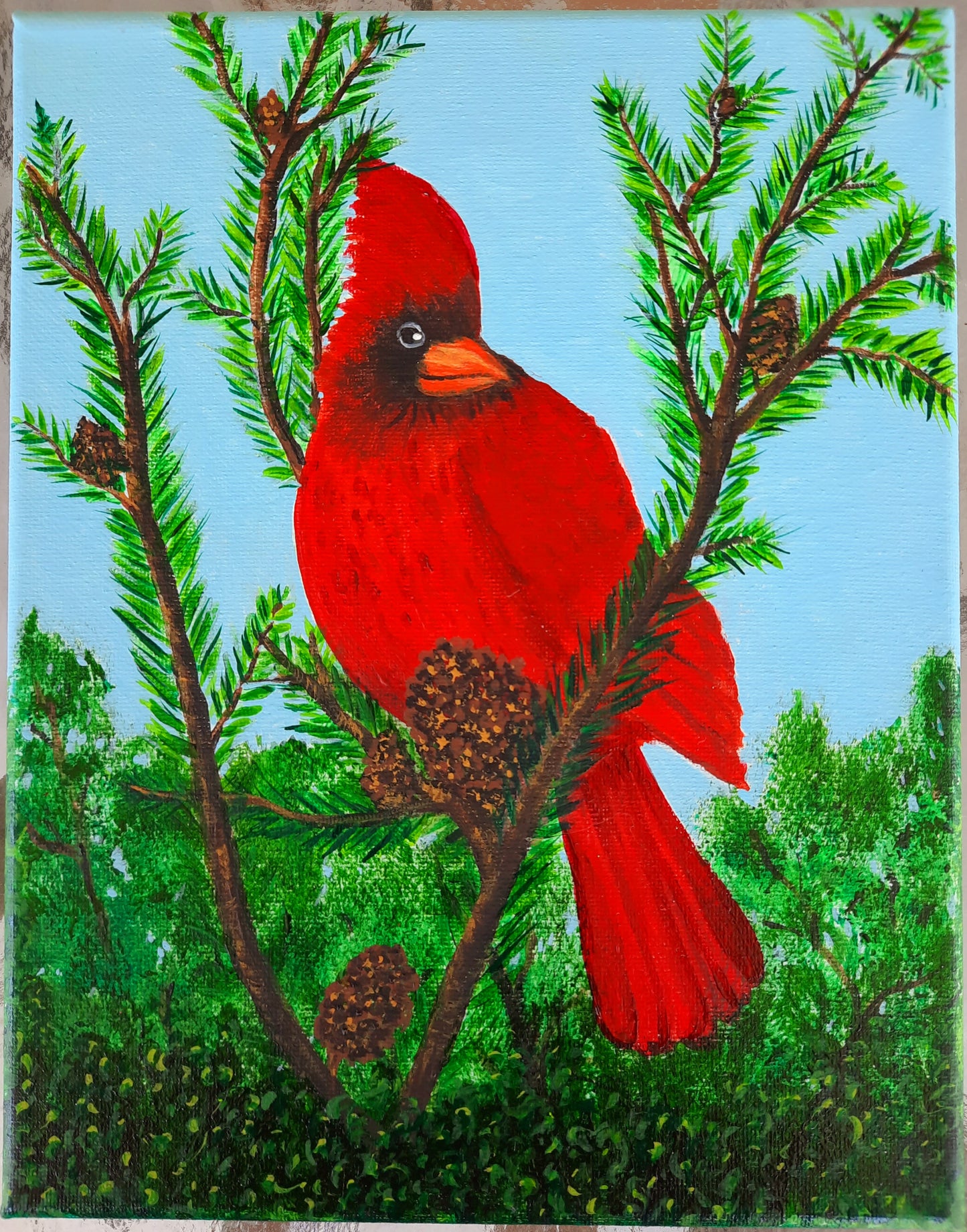 Acrylic Painting "Cardinal in a Tree" by T.Ray 8x10 inches unframed - New