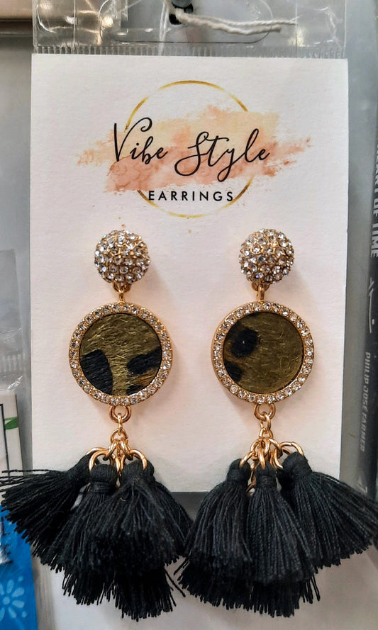 Earrings by Vibe Style black fringe with sparkling stones in gold tone base (Brand New)