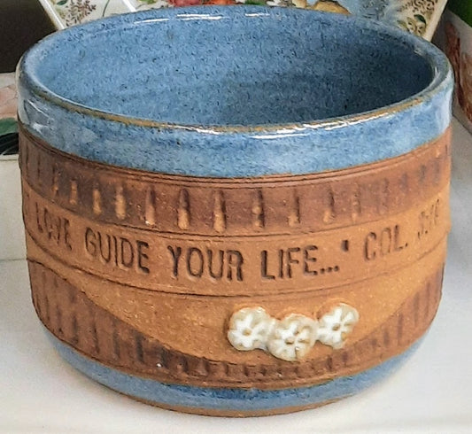 Oversized Handcrafted Pottery Mug Blue/Brown with Bible Verse Col. 3:11 (Like New)