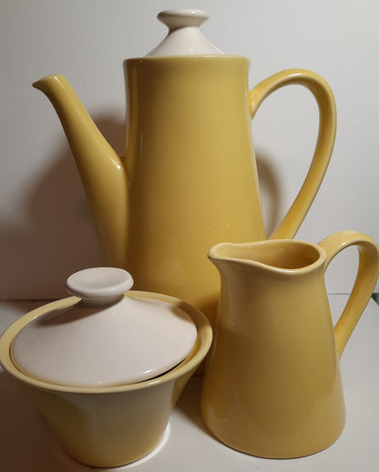 Teapot, Creamer, Sugar Bowl by USA Pottery (yellow mid-century modern)- very good condition