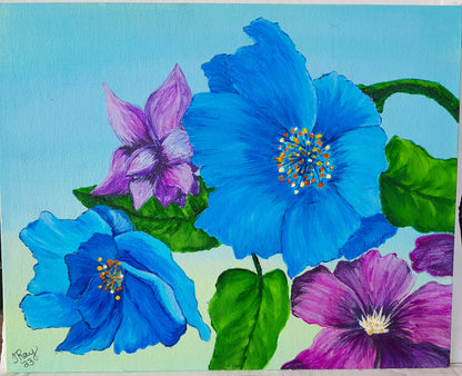 Acrylic Painting 8x10 inch "Flowers in Blue & Purple" by T. Ray