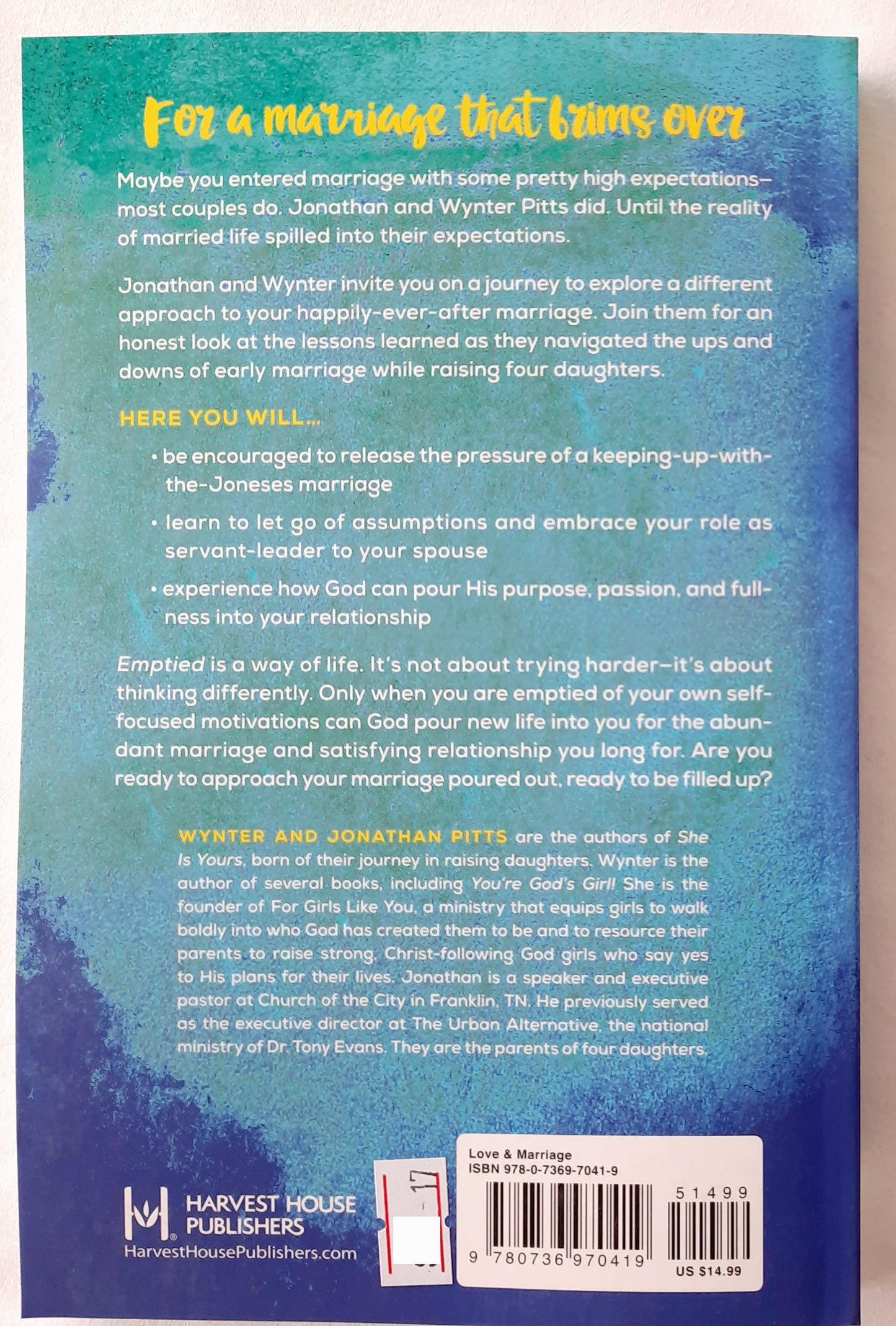 Emptied: Experiencing the Fullness of a Poured-Out Marriage by Wynter & Jonathan Pitts (New, 2019, Pbk, 223 pgs, Harvest House)