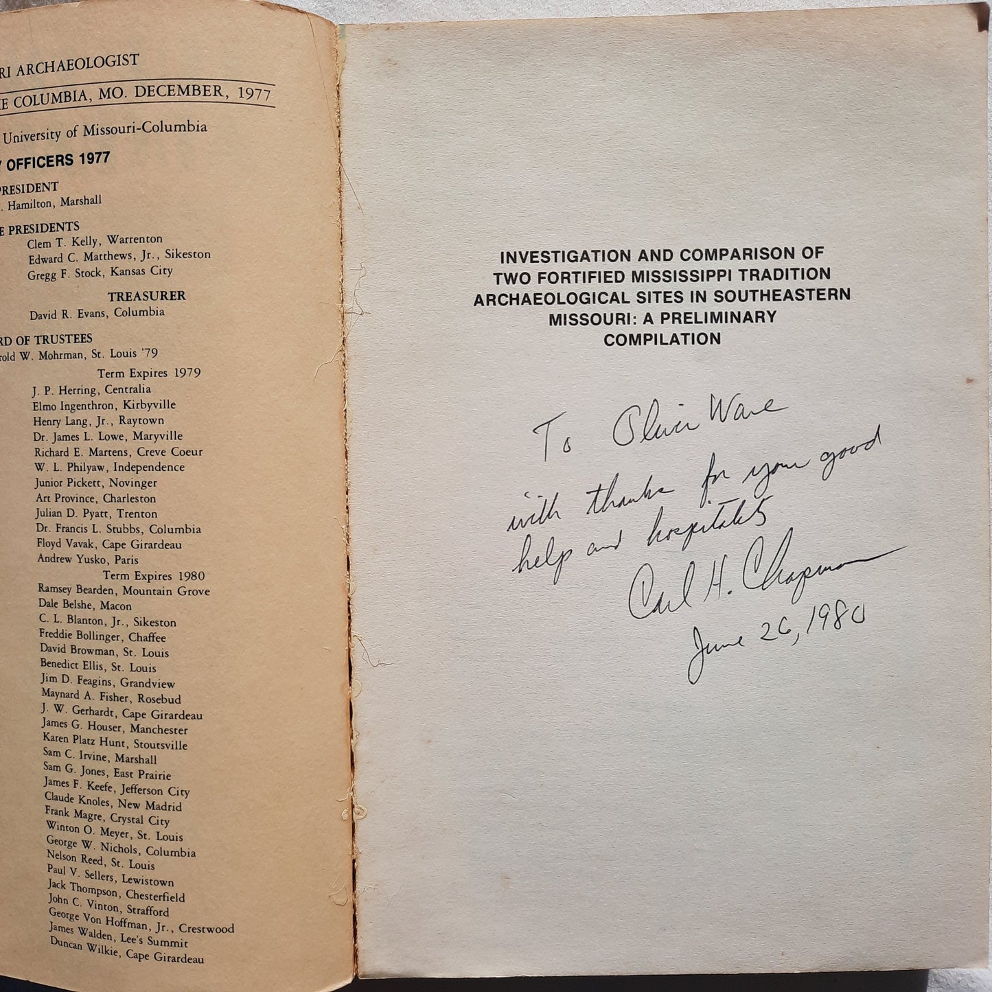 The Missouri Archaeologist: Investigation and Comparison of Two Fortified Mississippi Tradition Archaeological Sites in Southeastern Missouri by (Vol. 38/Dec. 1977, Acceptable, 346 pgs)