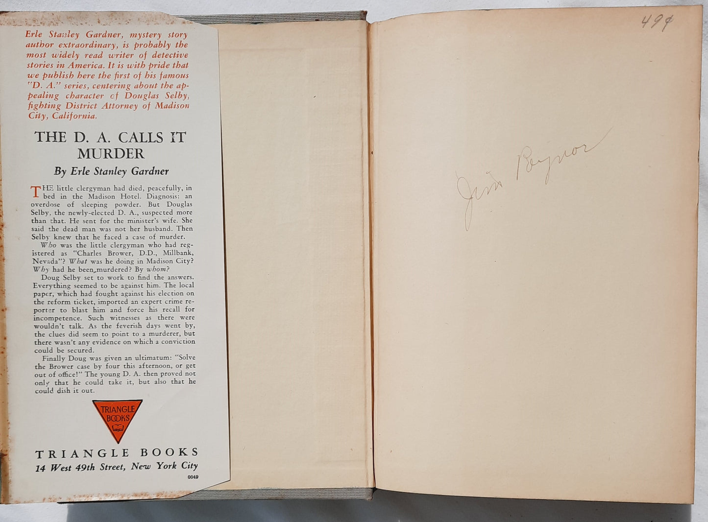 The D.A. Calls It Murder by Erle Stanley Gardner (Acceptable, 1944, HC, 295 pages, Triangle Books)