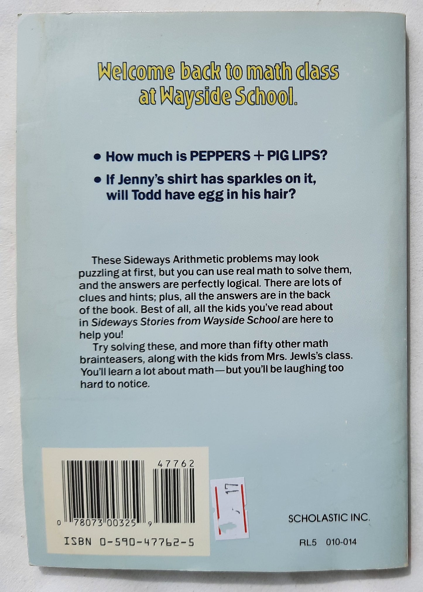 More Sideways Arithmetic From Wayside School by Louis Sachar (Good, 1994, Pbk, 94 pages, Scholastic)