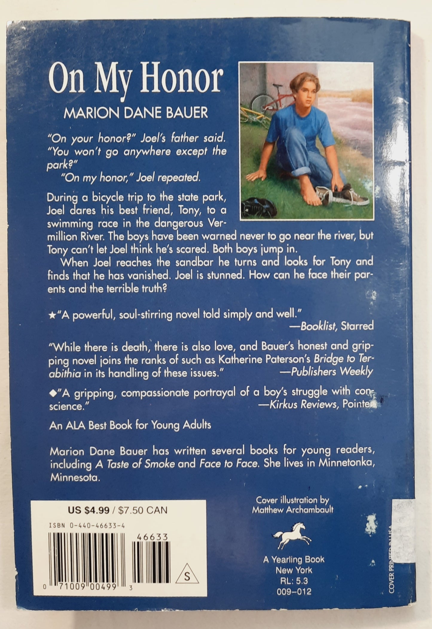 On My Honor by Marion Dane Bauer (Good, 1987, Pbk, 90 pages, Yearling Books)