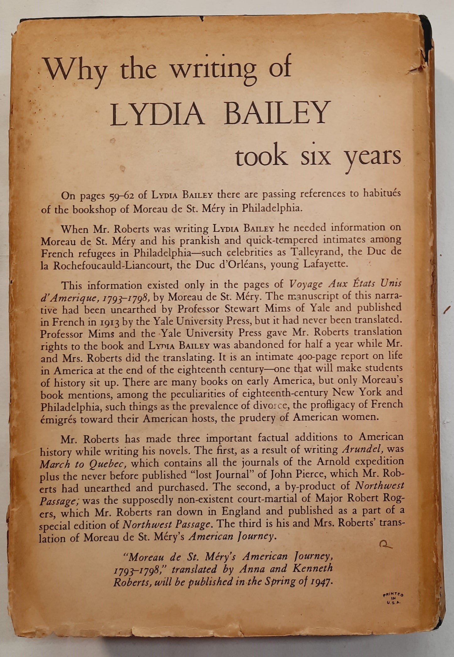 Lydia Bailey by Kenneth Roberts (Acceptable, 1947, HC, 495 pages, Doubleday & Company, First Edition)