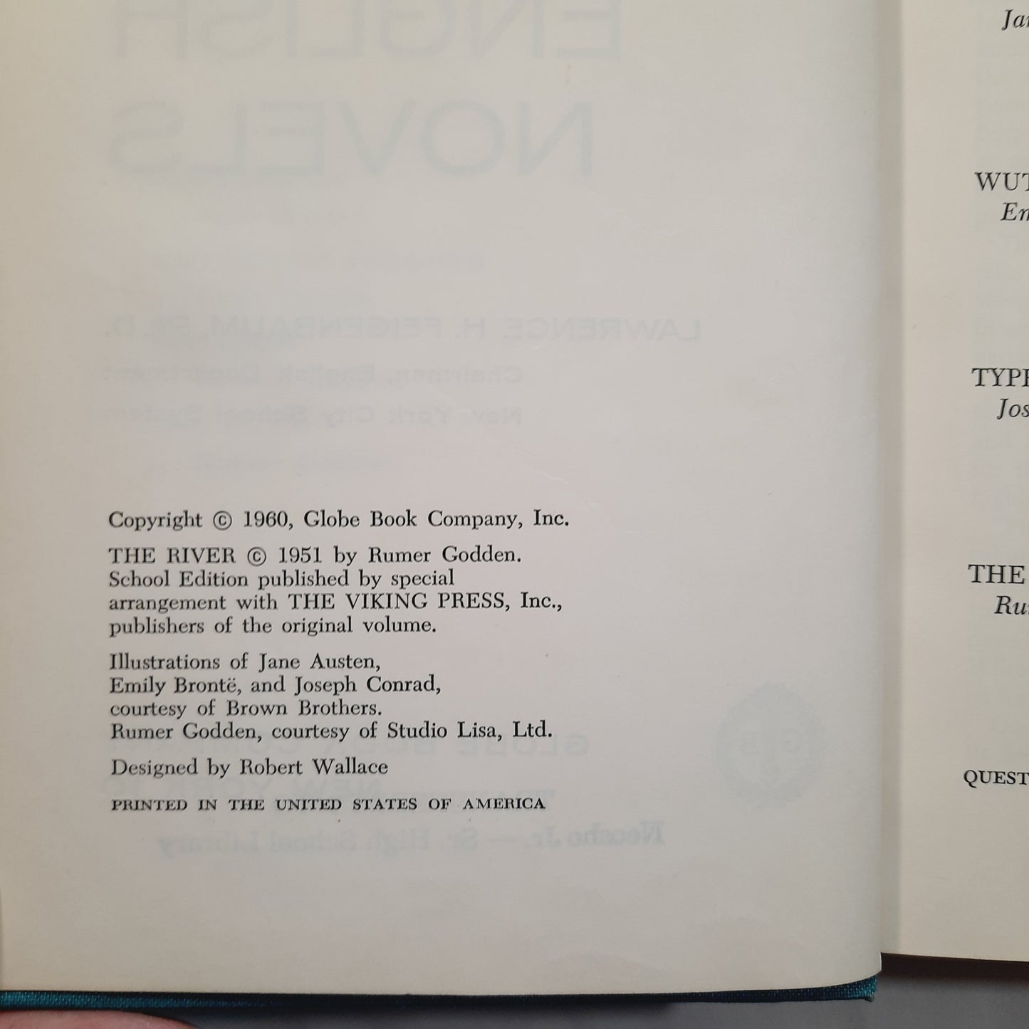 Four Complete English Novels: Persuasion by Jane Austen; Wuthering Heights by Emily Bronte; Typhoon by Joseph Conrad; The River by Rumer Godden (Good, 1960, HC, 698 pgs, Globe Book Co.)