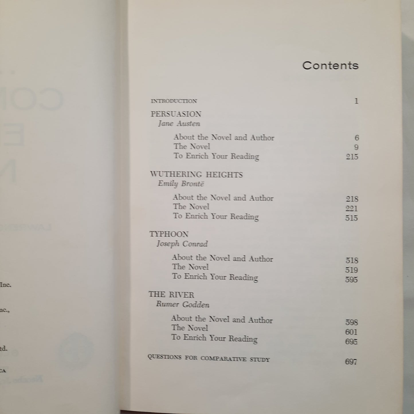 Four Complete English Novels: Persuasion by Jane Austen; Wuthering Heights by Emily Bronte; Typhoon by Joseph Conrad; The River by Rumer Godden (Good, 1960, HC, 698 pgs, Globe Book Co.)