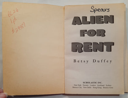 Alien For Rent by Betsy Duffey (Acceptable, 1999, Pbk, 71 pages, Scholastic)