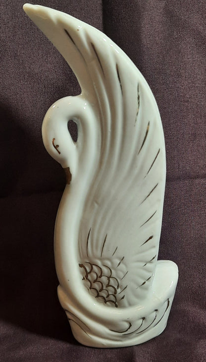 Vintage Porcelain Swan Bud Vase with Gold trim Made in China 6"