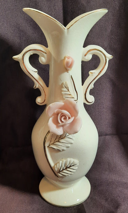 Vintage Bud Vase with 3D Pink Rose and Gold Trim 7 inches - GOOD Condition