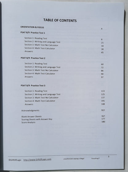 PSAT 8/9 3 Practice Tests for Students in Grades 8 and 9 by Vivek Raghuram (Very good, 2017, Pbk, 180 pages, FocusPrep)