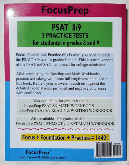 PSAT 8/9 3 Practice Tests for Students in Grades 8 and 9 by Vivek Raghuram (Very good, 2017, Pbk, 180 pages, FocusPrep)