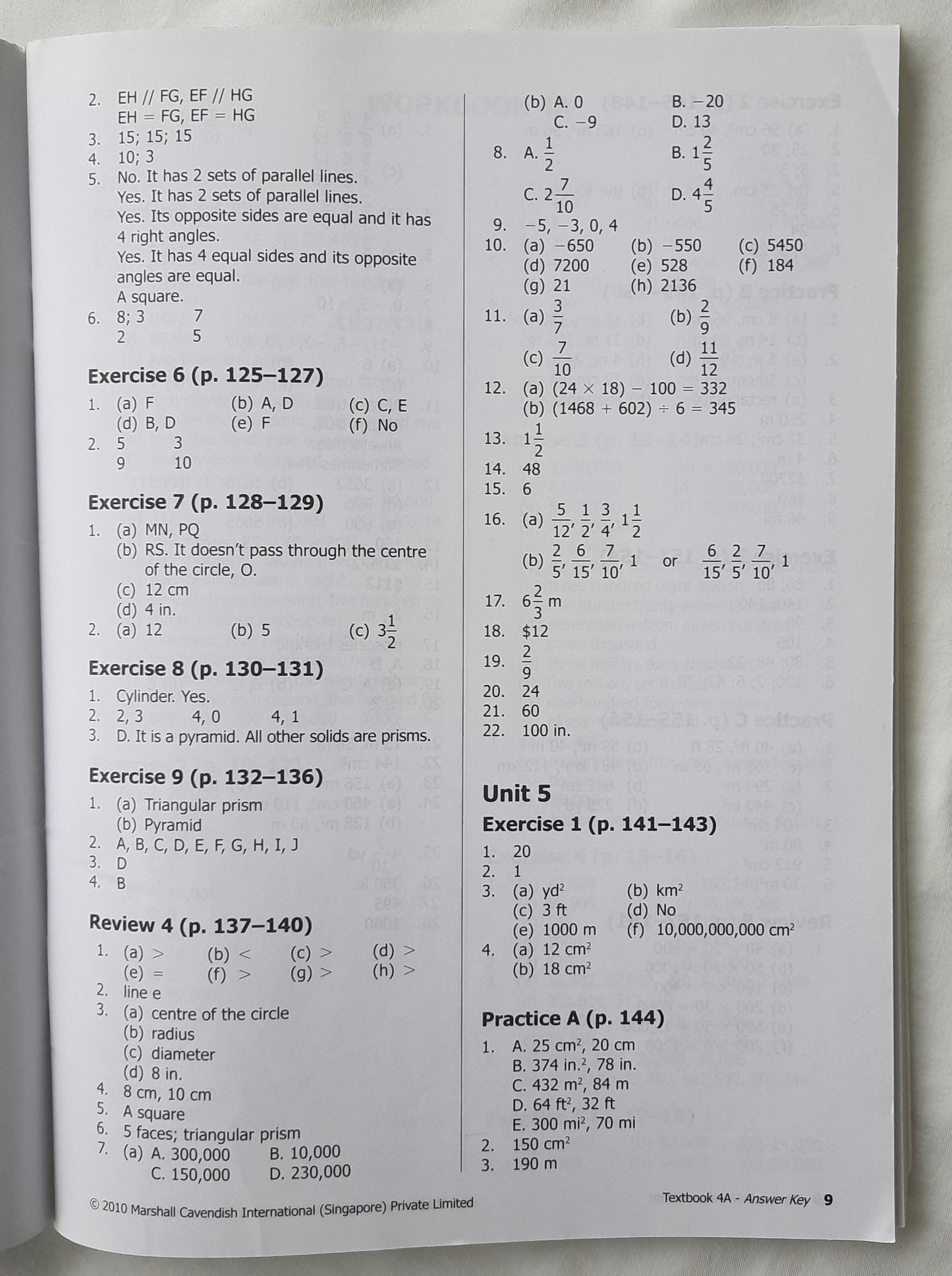 Primary Mathematics 4A-6B Answer Keys Textbooks and Workbooks by Singapore Math (Very good, 2010, Pbk, 114 pages, Marshall Cavendish)