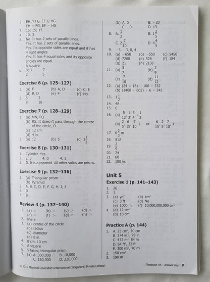 Primary Mathematics 4A-6B Answer Keys Textbooks and Workbooks by Singapore Math (Very good, 2010, Pbk, 114 pages, Marshall Cavendish)