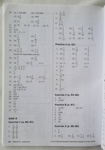 Primary Mathematics 4A-6B Answer Keys Textbooks and Workbooks by Singapore Math (Very good, 2010, Pbk, 114 pages, Marshall Cavendish)