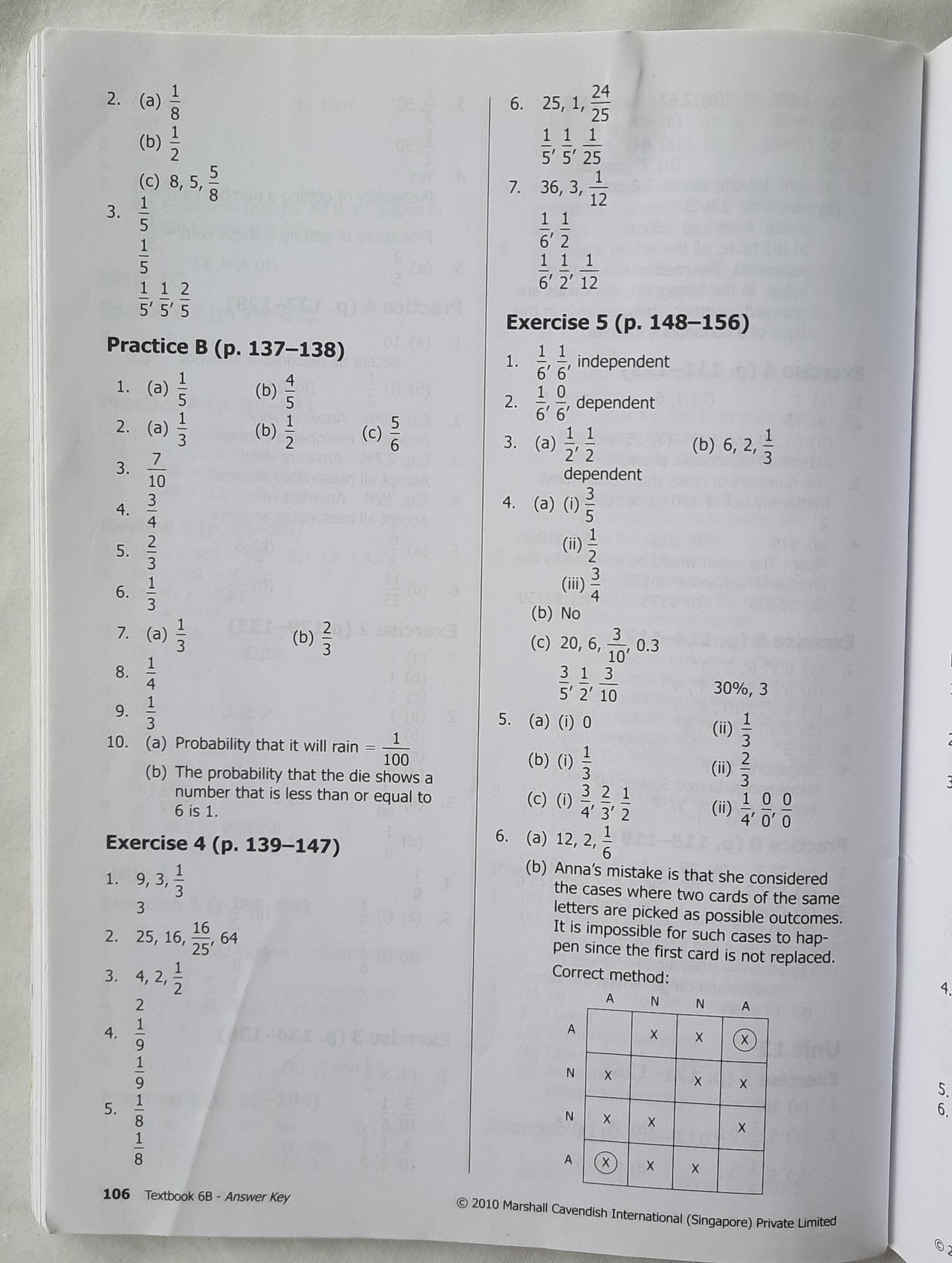 Primary Mathematics 4A-6B Answer Keys Textbooks and Workbooks by Singapore Math (Very good, 2010, Pbk, 114 pages, Marshall Cavendish)