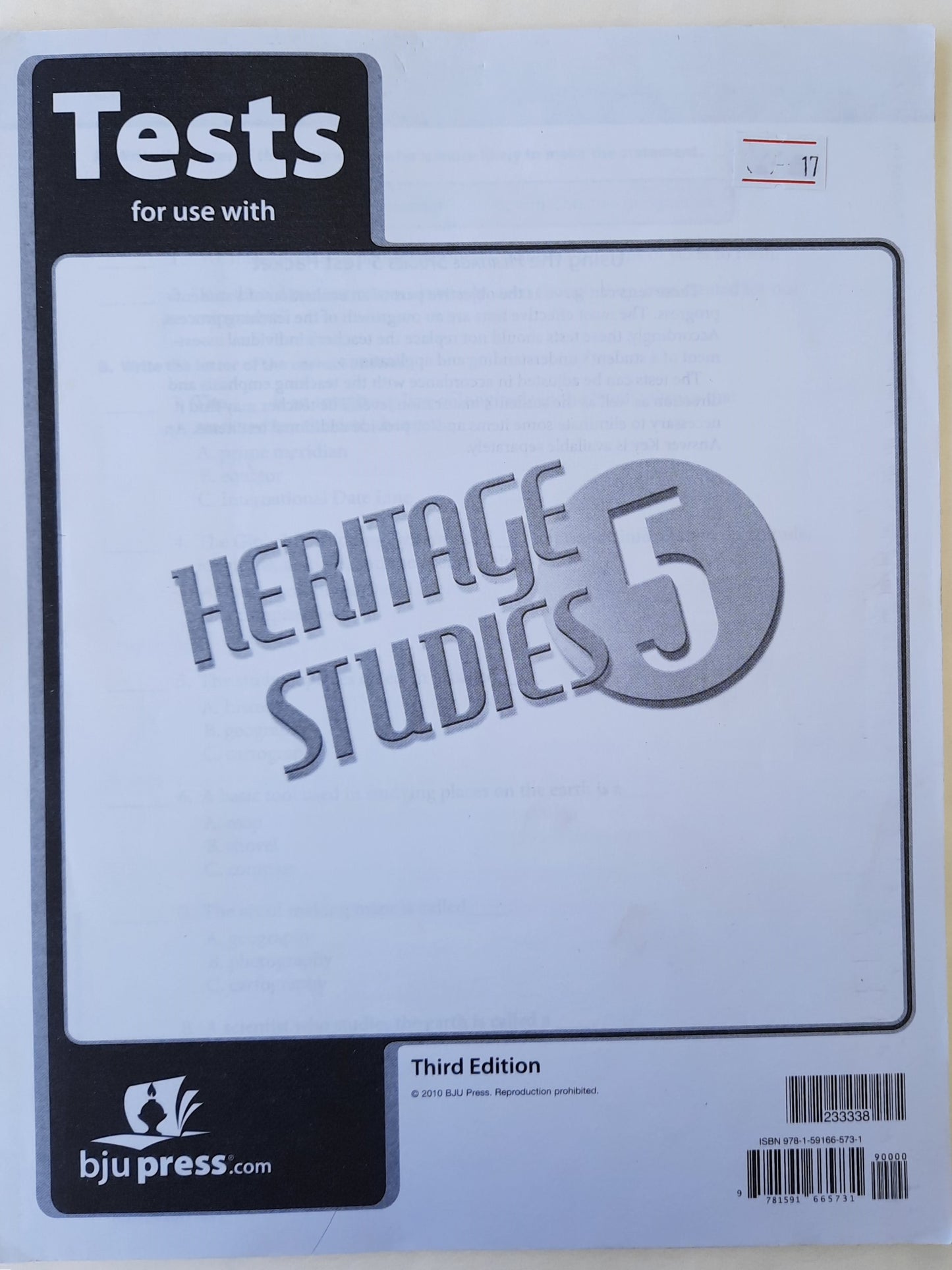 Heritage Studies 5 Student Tests Third Edition by BJU Press (Like New, 2010, Pbk, Tests 1-12)