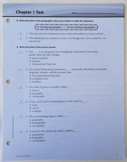 Heritage Studies 5 Test Answer Key Third Edition by BJU Press (Very good, 2010, Pbk, Tests 1-12)