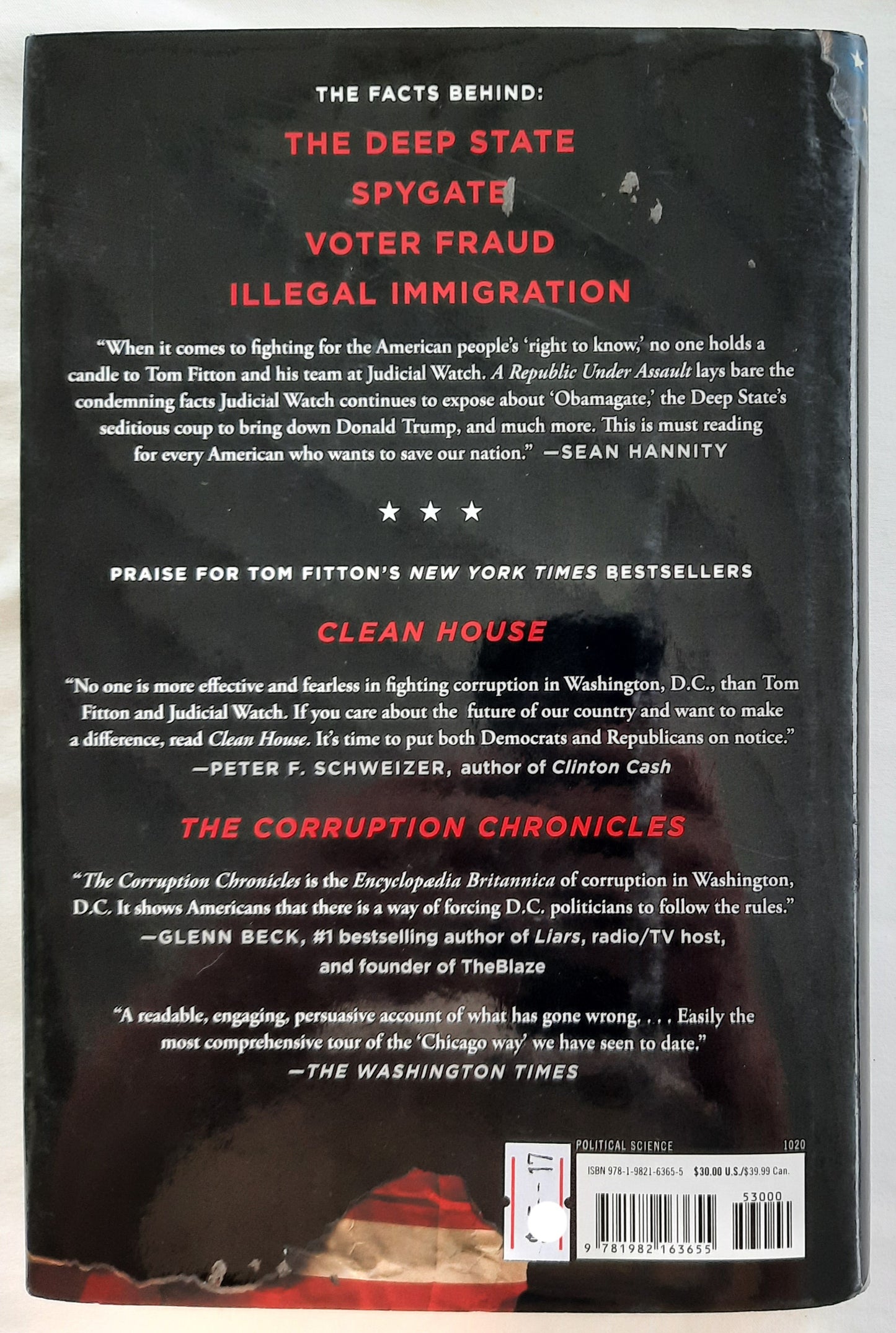 A Republic Under Assault: The Left's Ongoing Attack on American Freedom by Tom Fitton (Very good, 2020, HC, 312 pages, Simon & Schuster)