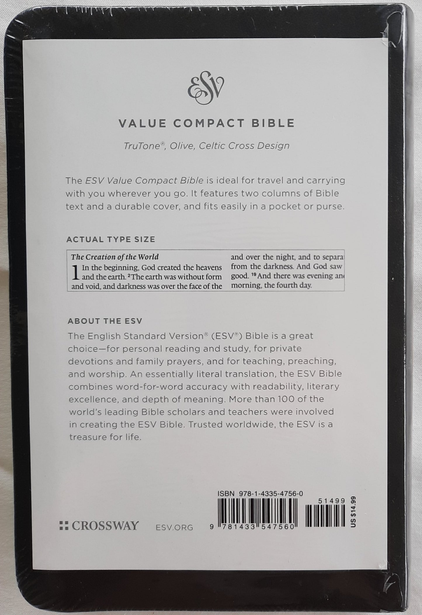 ESV Value Compact Bible TruTone Olive, Celtic Cross Design (New, 2015, Imitation Leather, 1056 pages, Crossway)