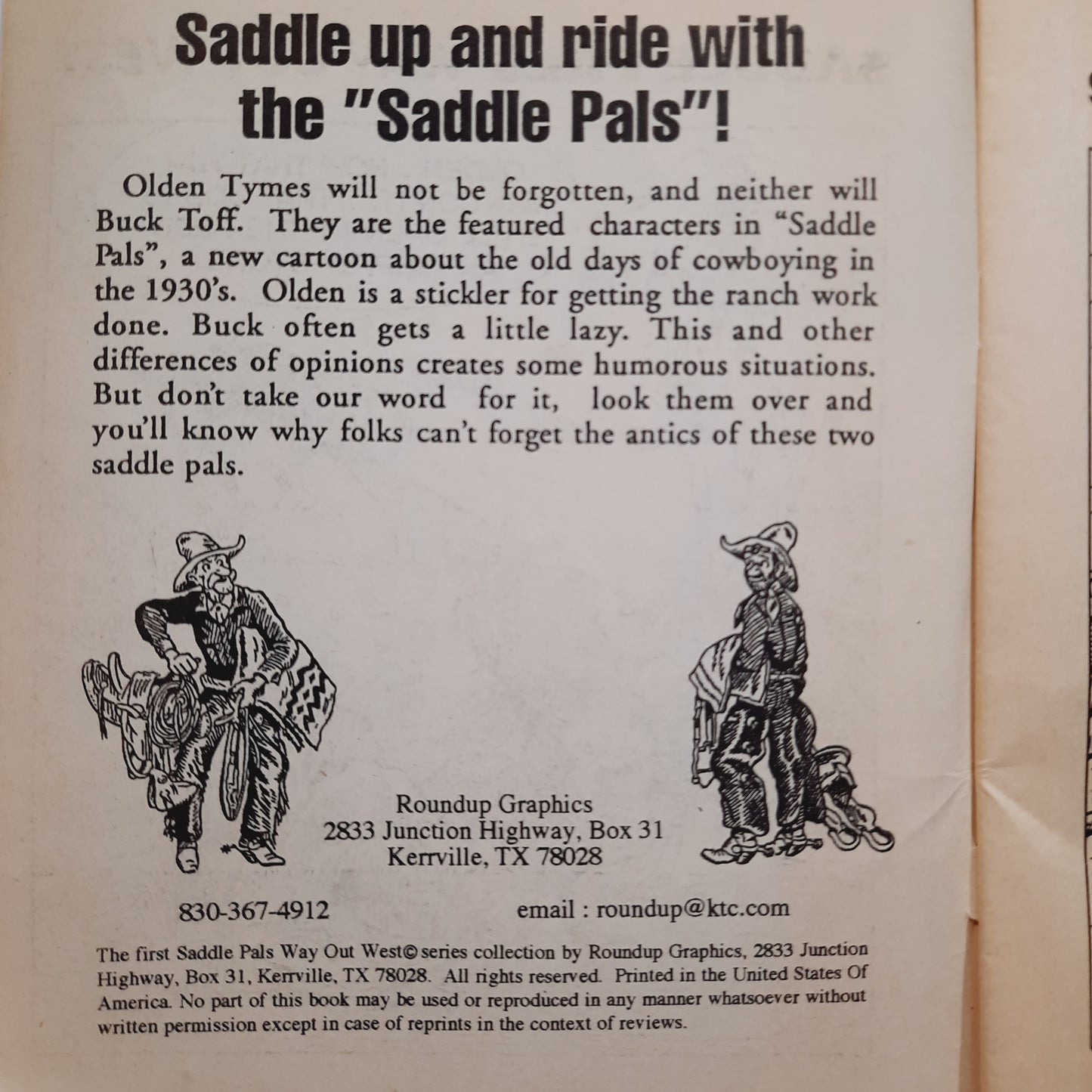 Saddle Pals Way Out West by Graham Ward (Good, Pbk, 30 pages, Roundup Graphics/Kerrville Daily Times)